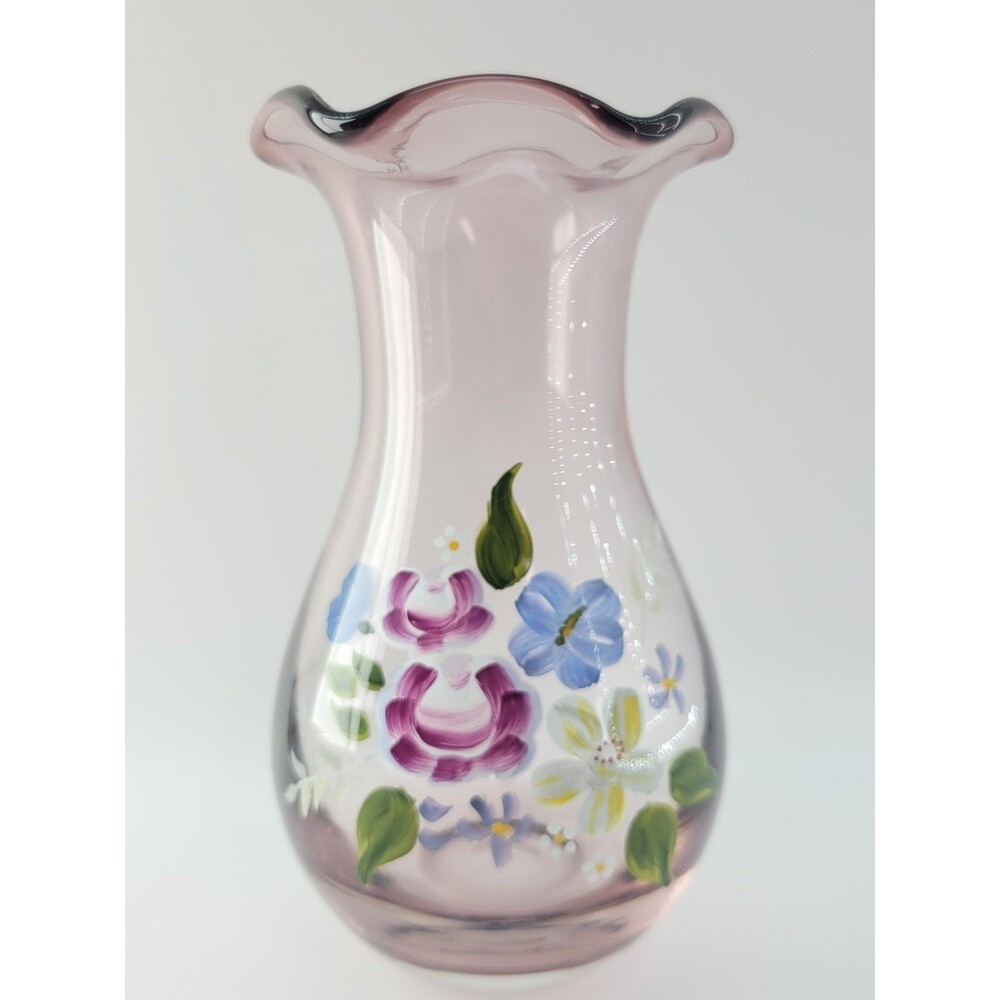 Vintage Fenton Amethyst Purple Glass Vase Hand Painted Flower Bouquet 8"
